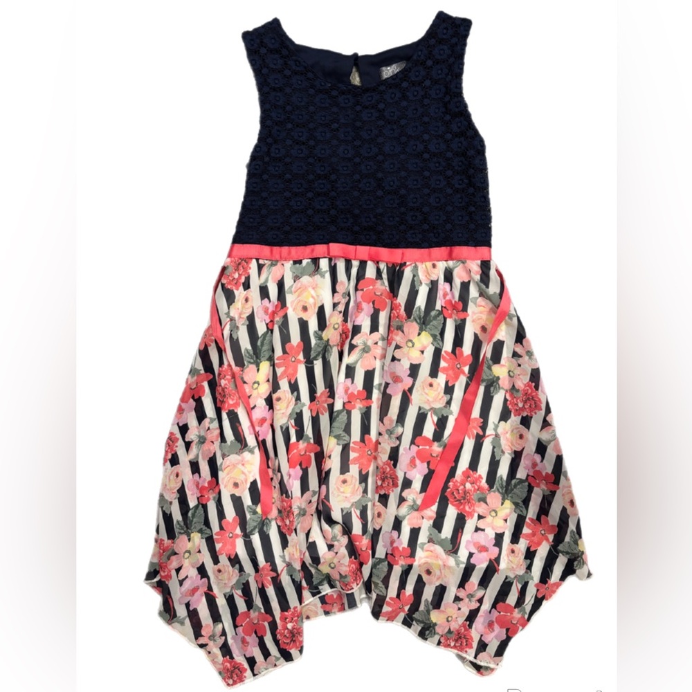 Blue and Pink Asymmetrical High-Low Sundress with Scoop Neck Size L 10/12